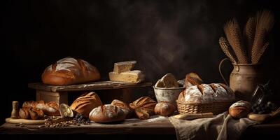 ai generiert. ai generativ. ein Menge von anders frisch gebacken Brot Produkte und Wüsten. Bäckerei warm Stimmung. Grafik Kunst foto