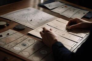 männlich Hände halten Tarot Karten. Astrologe berechnet Natal Diagramm und macht ein Vorhersage. generativ ai foto