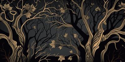 ai generiert. ai generativ. Gravur Jahrgang retro Holzschnitt Linolschnitt gespenstisch böse Halloween Wald Illustration. Grafik Kunst foto