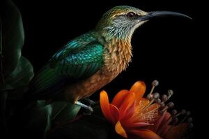 farbig tropisch Vogel und schön surreal Blumen. generativ ai foto