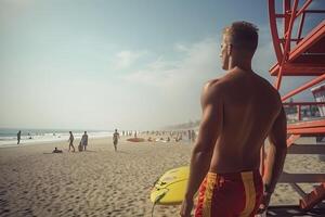 Rettungsschwimmer auf das Strand suchen beim das Meer. Sicherheit während Baden. generativ ai foto