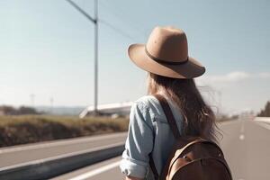 schön tausendjährig Frau im beiläufig tragen Trampen auf Straßenrand. Abenteuer und Tourismus Konzept. generativ ai foto