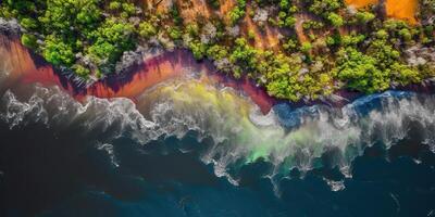 ai generiert. ai generativ. Foto realistisch Illustration von oben Aussicht Drohne Amazonas Fluss im das Regen Jahreszeit. Abenteuer tropisch erkunden Stimmung. Grafik Kunst