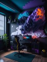 ein Spieler Zimmer Konfiguration mit ein bunt Wolke Ornament auf das Mauer ai generiert foto