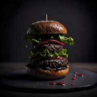 ein Hamburger mit Kopfsalat, Tomate im ein dunkel Hintergrund. ai generiert foto