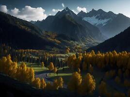 Herbst Landschaft im das Landschaft mit schön Wald und Berge ai generiert foto