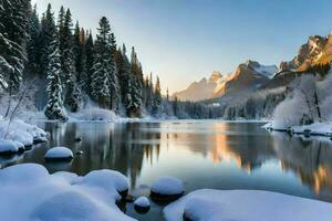 Landschaft schneebedeckt Berg mit See ai generieren foto