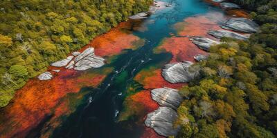 ai generiert. ai generativ. Foto realistisch Illustration von oben Aussicht Drohne Amazonas Fluss im das Regen Jahreszeit. Abenteuer tropisch erkunden Stimmung. Grafik Kunst