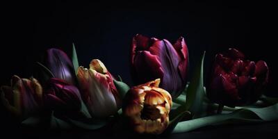 ai generativ. ai generiert. Ästhetik Tulpe Blumen Muster spotten hoch. inspiriert durch tim burton dunkel Stimmung Stimmung. können Sein benutzt zum Dekoration oder Grafik Liebe Design. Grafik Kunst foto