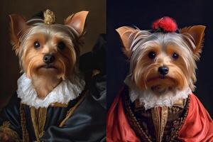 ai generiert. ai generativ. Gemälde von ein Yorkshire Terrier im Renaissance Kleidung realistisch Illustration. Jahrgang retro Elite Stimmung. Grafik Kunst foto