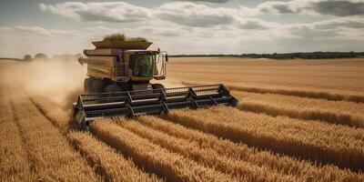 ai generiert. ai generativ. Mähdrescher kombinieren Traktor beim Sonnenuntergang Feld von Weizen Korn Pflanze. Farmer draussen inspirierend Stimmung. Grafik Kunst foto