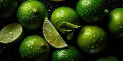 ai generativ. ai generiert. Makro Schuss Fotografie von Scheiben Zitronen Grün tropisch Früchte. Grafik Kunst foto
