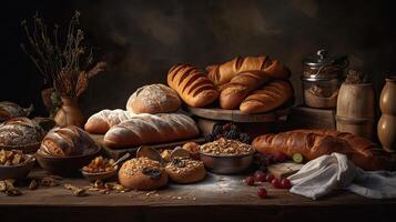 ai generiert. ai generativ. ein Menge von anders frisch gebacken Brot Produkte und Wüsten. Bäckerei warm Stimmung. Grafik Kunst foto