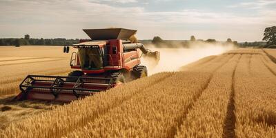 ai generiert. ai generativ. Mähdrescher kombinieren Traktor beim Sonnenuntergang Feld von Weizen Korn Pflanze. Farmer draussen inspirierend Stimmung. Grafik Kunst foto