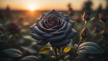 schwarz Rose Blume mit glänzend Sonnenuntergang Licht, ai generiert foto