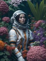 schön Frau tragen Astronaut passen im Blume Garten, ai generiert foto