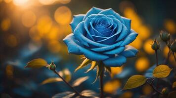 Blau Rose mit ein Sonnenuntergang Licht und Bokeh Hintergrund, ai generiert foto