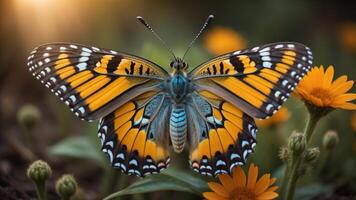 Makro Schuss von ein Schmetterling auf ein Blume mit das Sonnenuntergang Licht im das Hintergrund, ai generiert foto