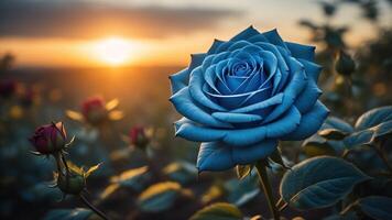 Blau Rose mit ein Sonnenuntergang Licht und Bokeh Hintergrund, ai generiert foto