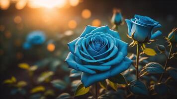 Blau Rose mit ein Sonnenuntergang Licht und Bokeh Hintergrund, ai generiert foto