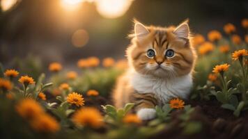 bezaubernd Kitty Katze im Blume Garten mit schön Sonnenuntergang Licht, ai generiert foto