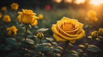 natürlich Gelb Rose Blumen mit ein schimmernd Sonnenuntergang Licht, ai generiert foto