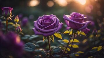 schön lila Rosen mit ein glänzend Sonnenuntergang glühen, ai generiert foto