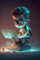 Illustration von ein Junge Arbeiten auf seine Laptop, ai generativ foto