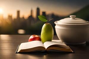 Äpfel und Bücher mit Landschaft Hintergrund, ai generativ foto