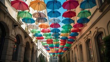 Straße mit bunt Regenschirme Dekoration Attraktion zum Tourist. foto