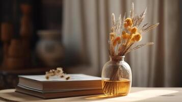 Zuhause gemütlich Innere von das Zimmer mit Bücher und getrocknet Blumen im ein Vase. generativ ai foto