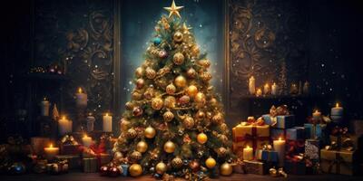 Weihnachten Baum, Geschenke, Bälle, Dekoration Illustration ai generativ foto