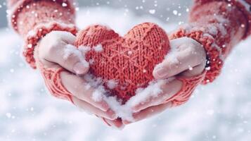 Hände mit gestrickt Herz im Winter. Illustration ai generativ foto