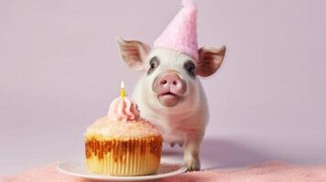 süß Geburtstag Schwein mit Kuchen. Illustration ai generativ foto