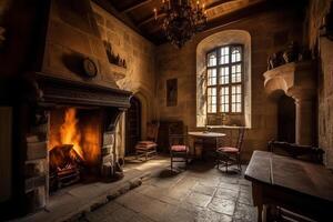 gemütlich Kamin im ein Zimmer im ein mittelalterlich gotisch Schloss. ai generiert foto