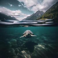 ein Schildkröte Schwimmen unter Wasser generativ ai generiert foto