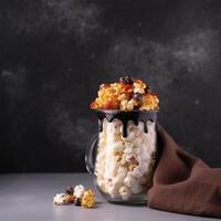 ein Becher von Popcorn mit ein schwarz Flüssigkeit generativ ai generiert foto