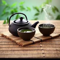 zwei Tassen von Tee sitzen auf ein Bambus Matte generativ ai generiert foto