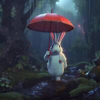 ein Hase mit ein Regenschirm Spaziergänge durch ein Wald generativ ai generiert foto