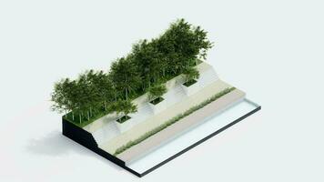 Umgebung isometrisch Park Natur. isometrisch Umwelt nachhaltig Landschaft Wald mit Menschen ausruhen, 3d machen Illustration. Umgebung mit Baum, Gras Blatt, Fluss, Fußweg auf Weiß isoliert. foto