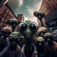 Gruppe von Aliens nehmen ein Selfie. generativ ai foto
