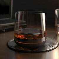 ein Glas von Whiskey sitzt auf ein Tabelle generativ ai generiert foto