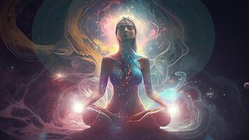 Mädchen meditieren und Universum. Illustration. generativ ai foto