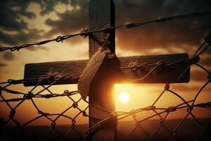 Kreuz von Jesus Christus brechen Barriere Kabel, ai generativ foto