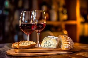 Wein, Stangenbrot und Käse auf hölzern, ai generativ foto