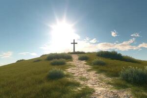das Kreuz auf das Hügel beim Mittag, ai generativ foto