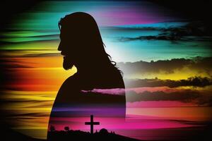 Silhouette von Jesus mit Kreuz Über Regenbogen Sonnenuntergang Konzept zum Religion, ai generativ foto