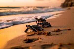 Baby Schildkröte auf das Sand im das Nachmittag, ai generativ foto