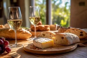 Wein, Stangenbrot und Käse auf hölzern Tisch, ai generativ foto