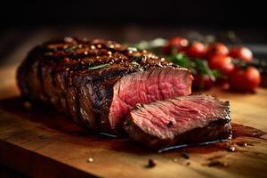 ganze Rindfleisch Steak, gebraten Streifenfilet auf hölzern Schneiden Planke, ai generativ foto